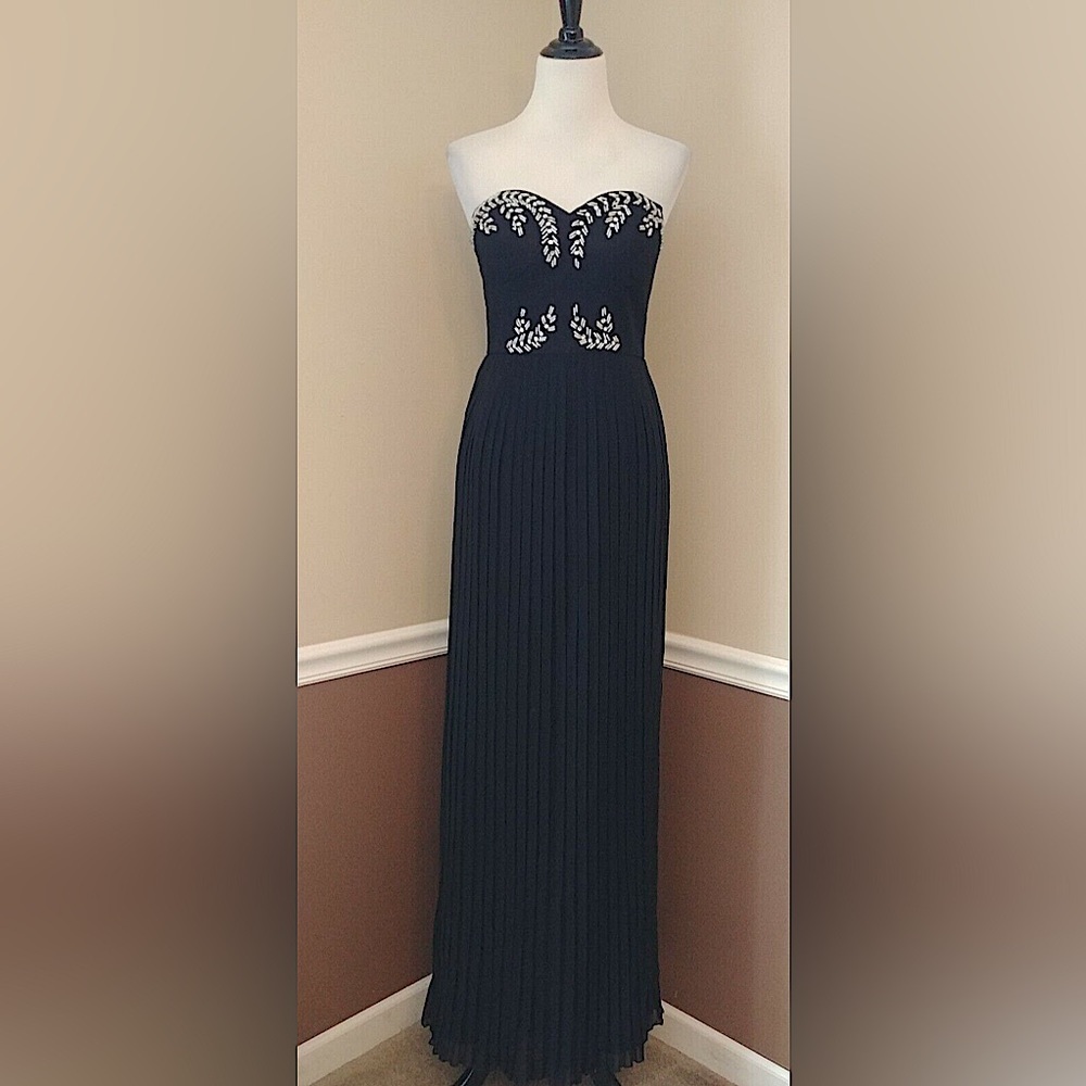 Black Beaded Pleated Shirred Back Strapless Maxi Dress by Chi Chi from Modcloth